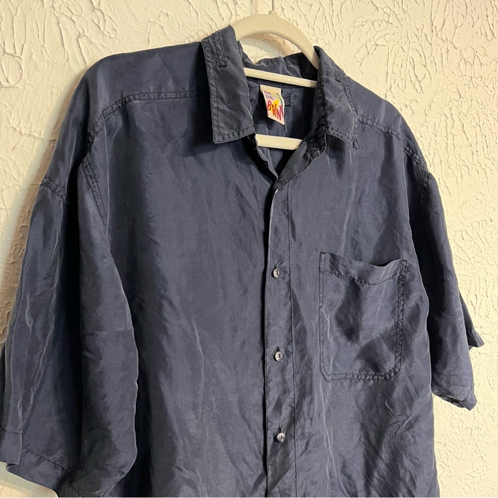 Vintage 80’s On The Brink 100% Silk Short Sleeve Button Down Sz Lg Navy Blue